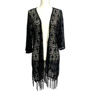 Whimsigoth Crochet Lace Fringe Black Open Front Kimono S Fairy Boho Vampire